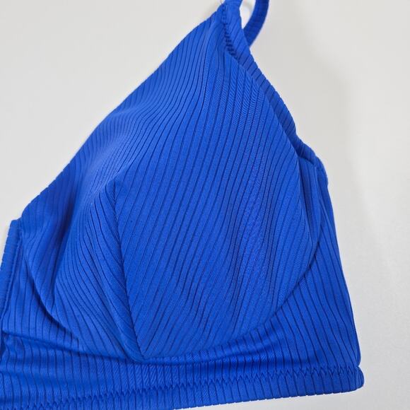 M Shade & Shore Blue V Ribbed Swim Top Bra Womens Size 36D Boning Removable Pads - Picture 3 of 10
